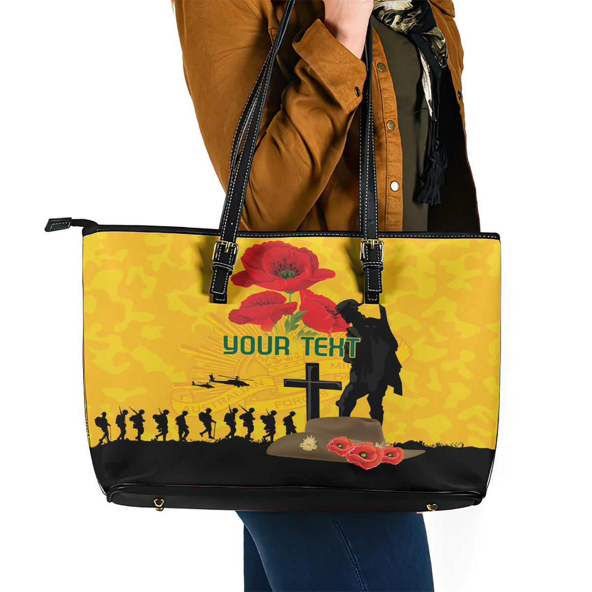 Australia Socceroos Soccer ANZAC Custom Leather Tote Bag Gallipoli Soldier With Camouflage Art