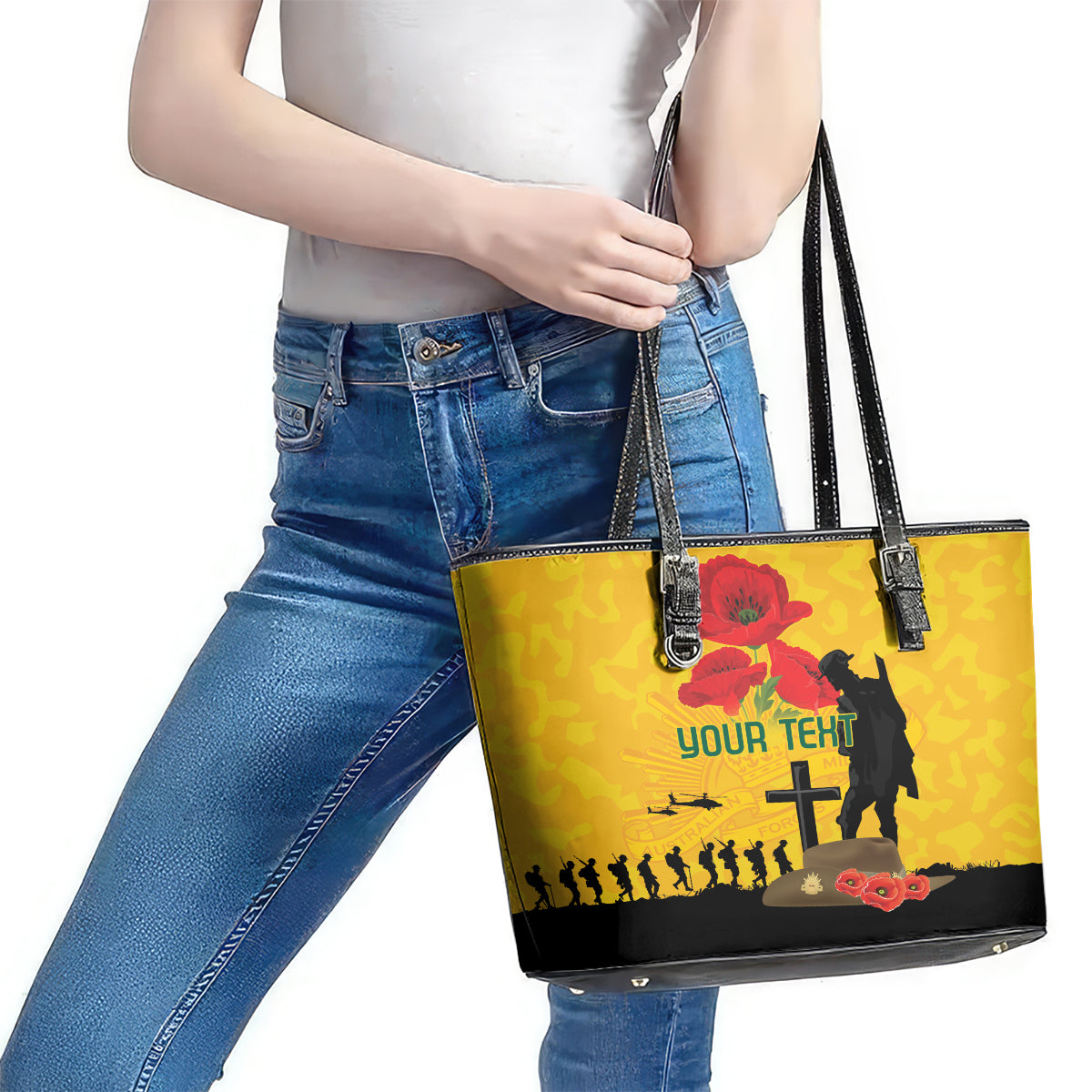 Australia Socceroos Soccer ANZAC Custom Leather Tote Bag Gallipoli Soldier With Camouflage Art