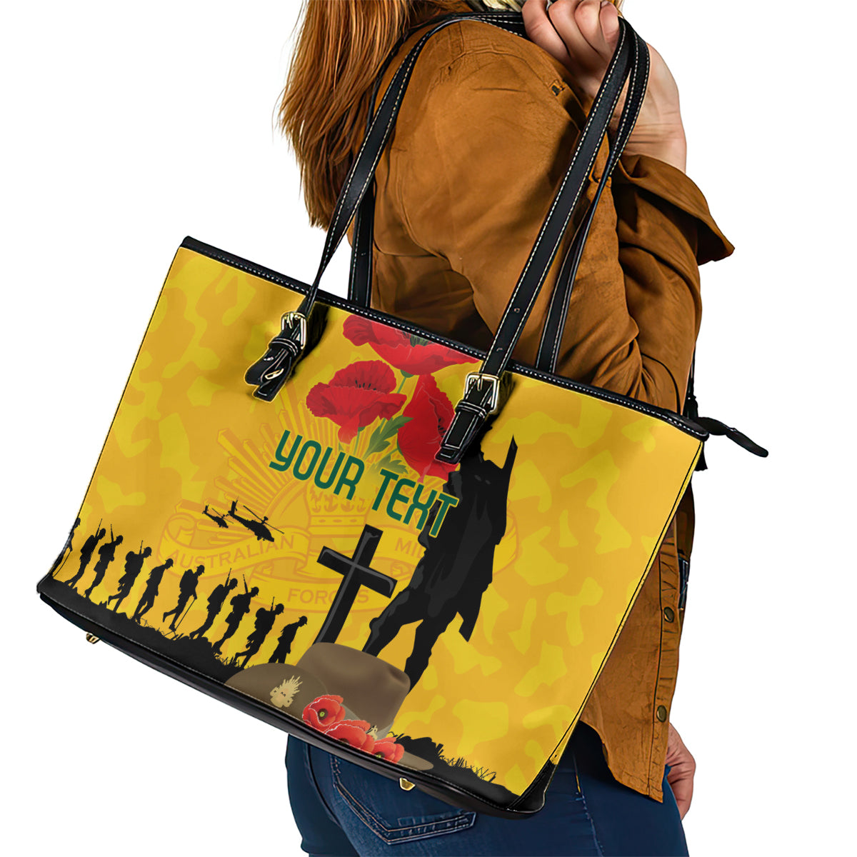 Australia Socceroos Soccer ANZAC Custom Leather Tote Bag Gallipoli Soldier With Camouflage Art