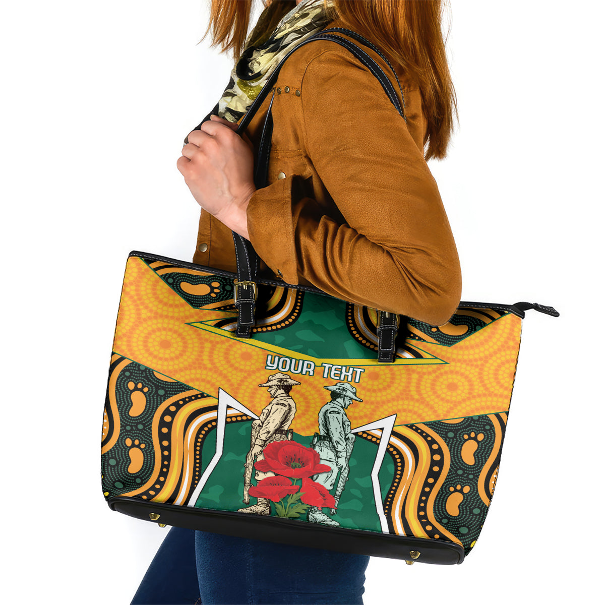 Australia Wallabies Rugby ANZAC Custom Leather Tote Bag Poppy Soldier With Aboriginal Dots Art