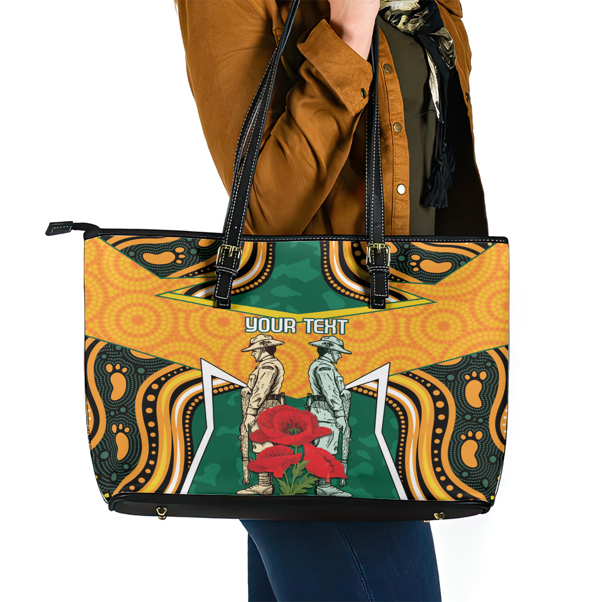 Australia Wallabies Rugby ANZAC Custom Leather Tote Bag Poppy Soldier With Aboriginal Dots Art