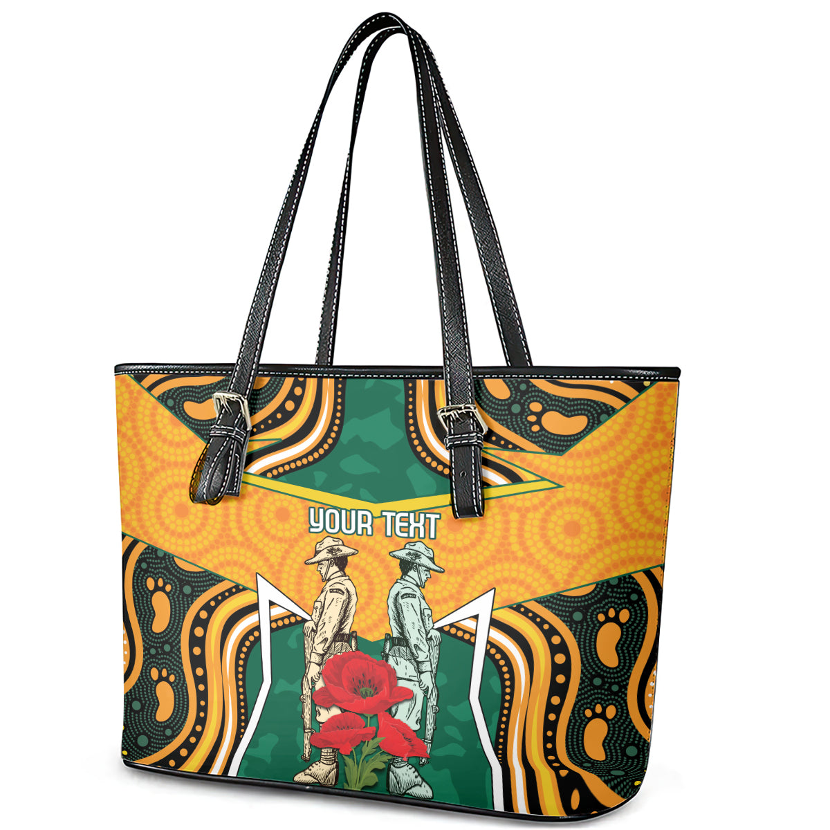 Australia Wallabies Rugby ANZAC Custom Leather Tote Bag Poppy Soldier With Aboriginal Dots Art