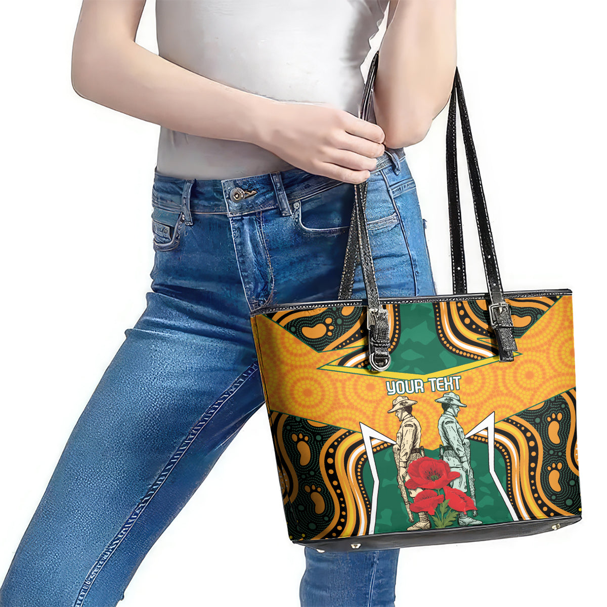 Australia Wallabies Rugby ANZAC Custom Leather Tote Bag Poppy Soldier With Aboriginal Dots Art