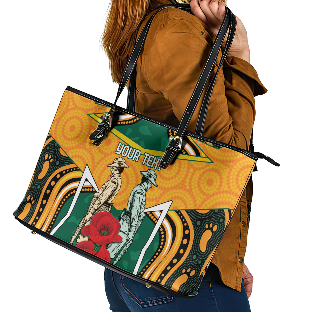 Australia Wallabies Rugby ANZAC Custom Leather Tote Bag Poppy Soldier With Aboriginal Dots Art