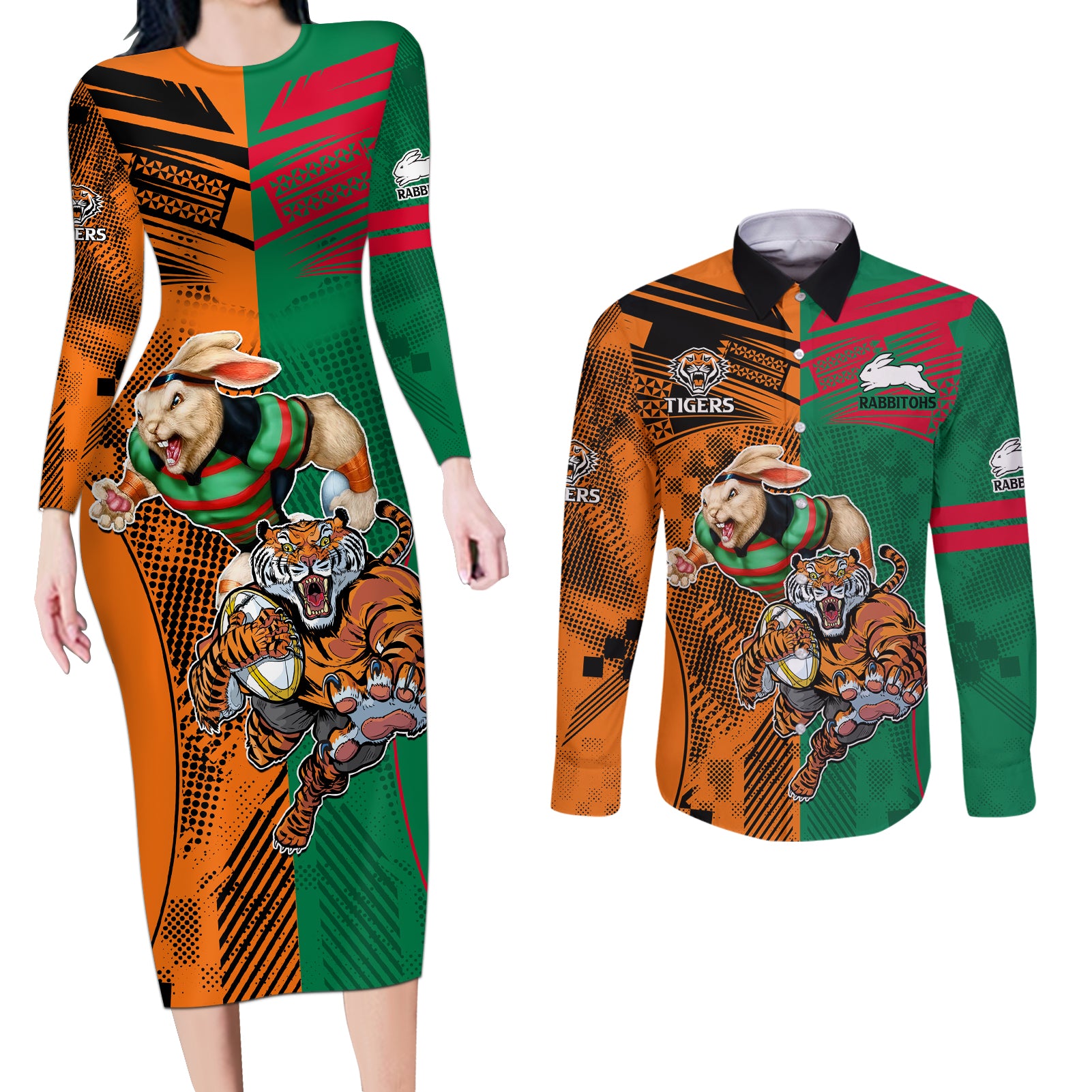 Wests Tigers and Rabbitohs Rugby Couples Matching Long Sleeve Bodycon Dress and Long Sleeve Button Shirts Sporty Style LT9