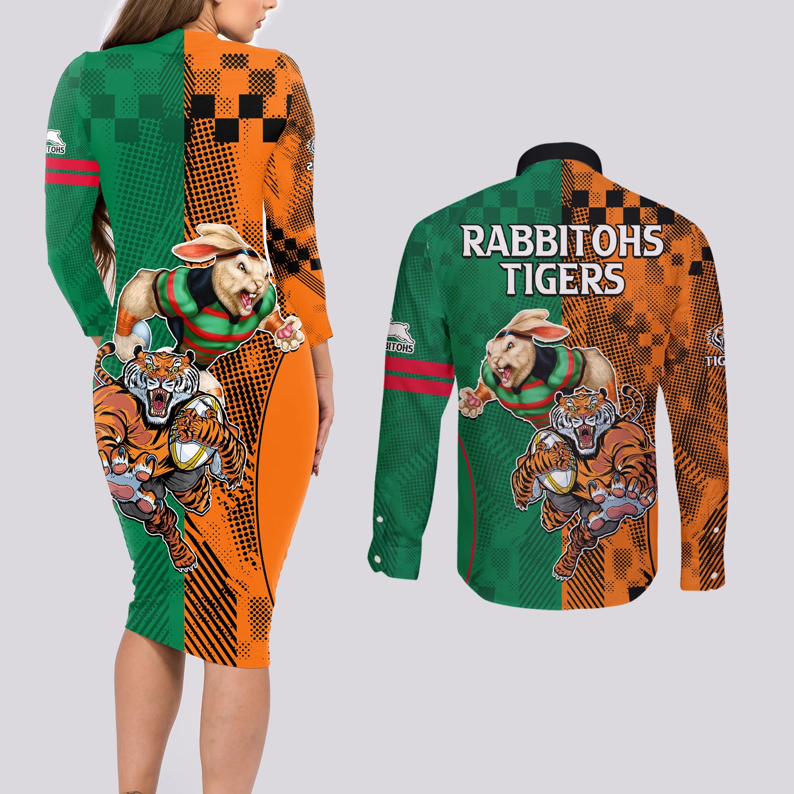 Wests Tigers and Rabbitohs Rugby Couples Matching Long Sleeve Bodycon Dress and Long Sleeve Button Shirts Sporty Style LT9