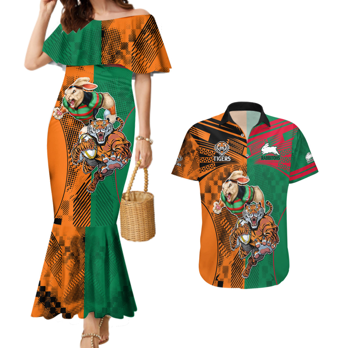 Wests Tigers and Rabbitohs Rugby Couples Matching Mermaid Dress And Hawaiian Shirt Sporty Style LT9