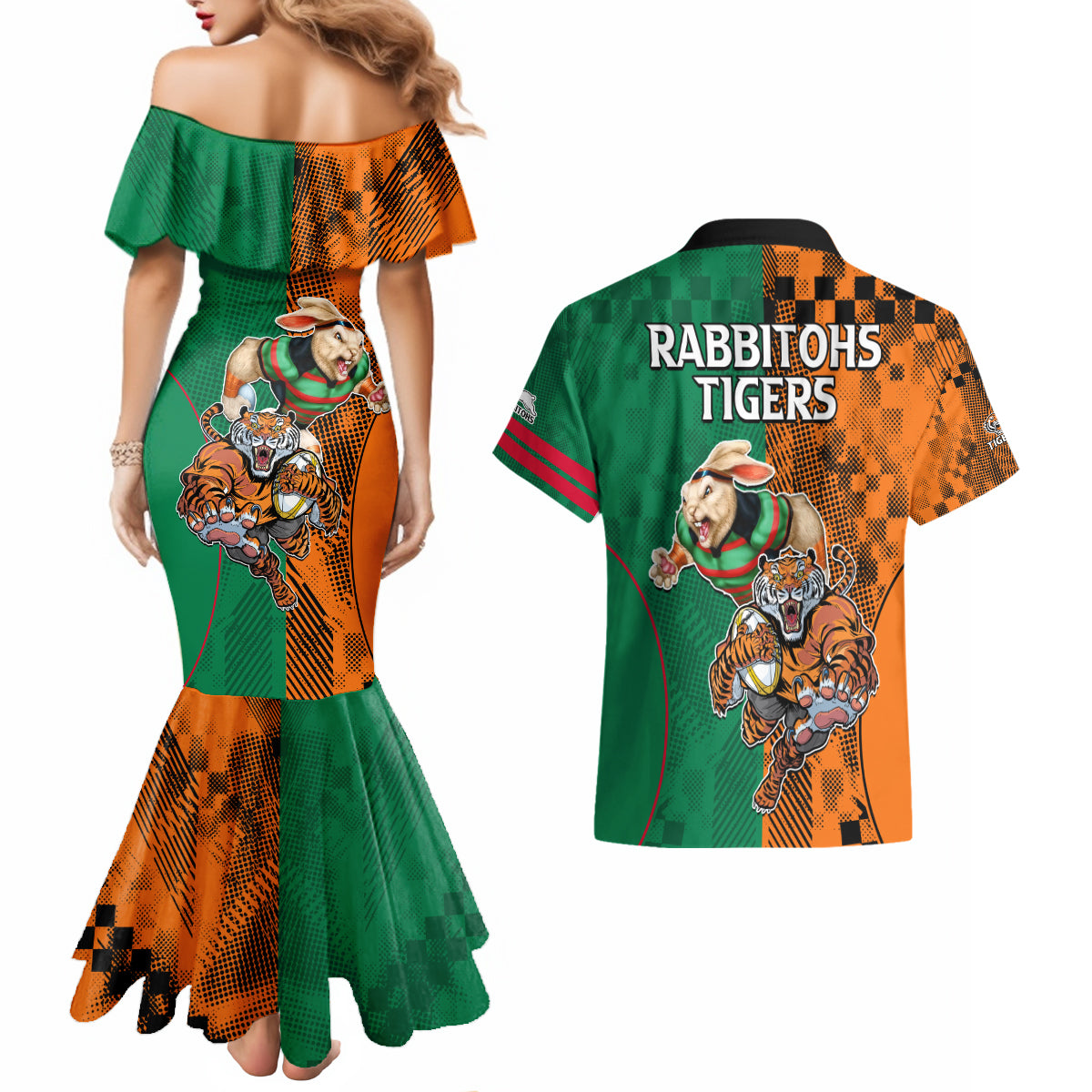 Wests Tigers and Rabbitohs Rugby Couples Matching Mermaid Dress And Hawaiian Shirt Sporty Style LT9