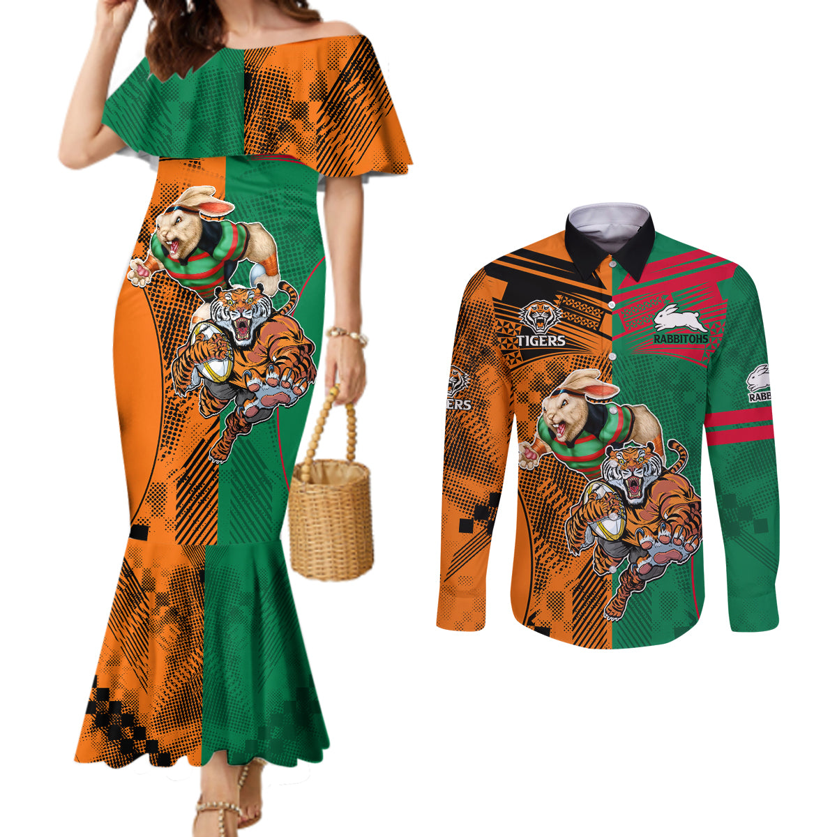 Wests Tigers and Rabbitohs Rugby Couples Matching Mermaid Dress and Long Sleeve Button Shirts Sporty Style LT9