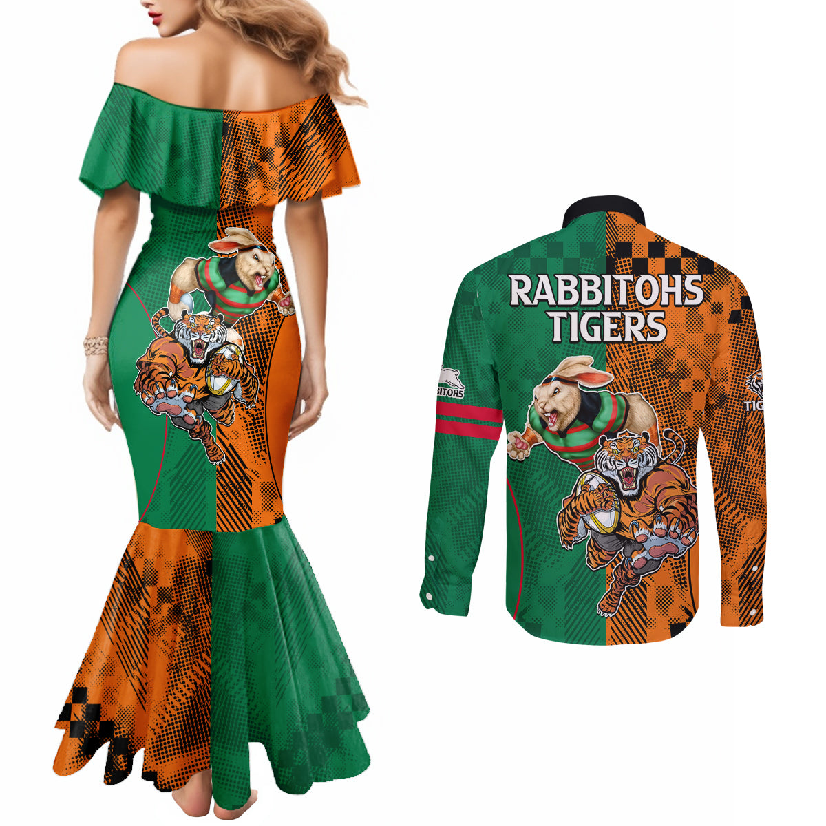 Wests Tigers and Rabbitohs Rugby Couples Matching Mermaid Dress and Long Sleeve Button Shirts Sporty Style LT9