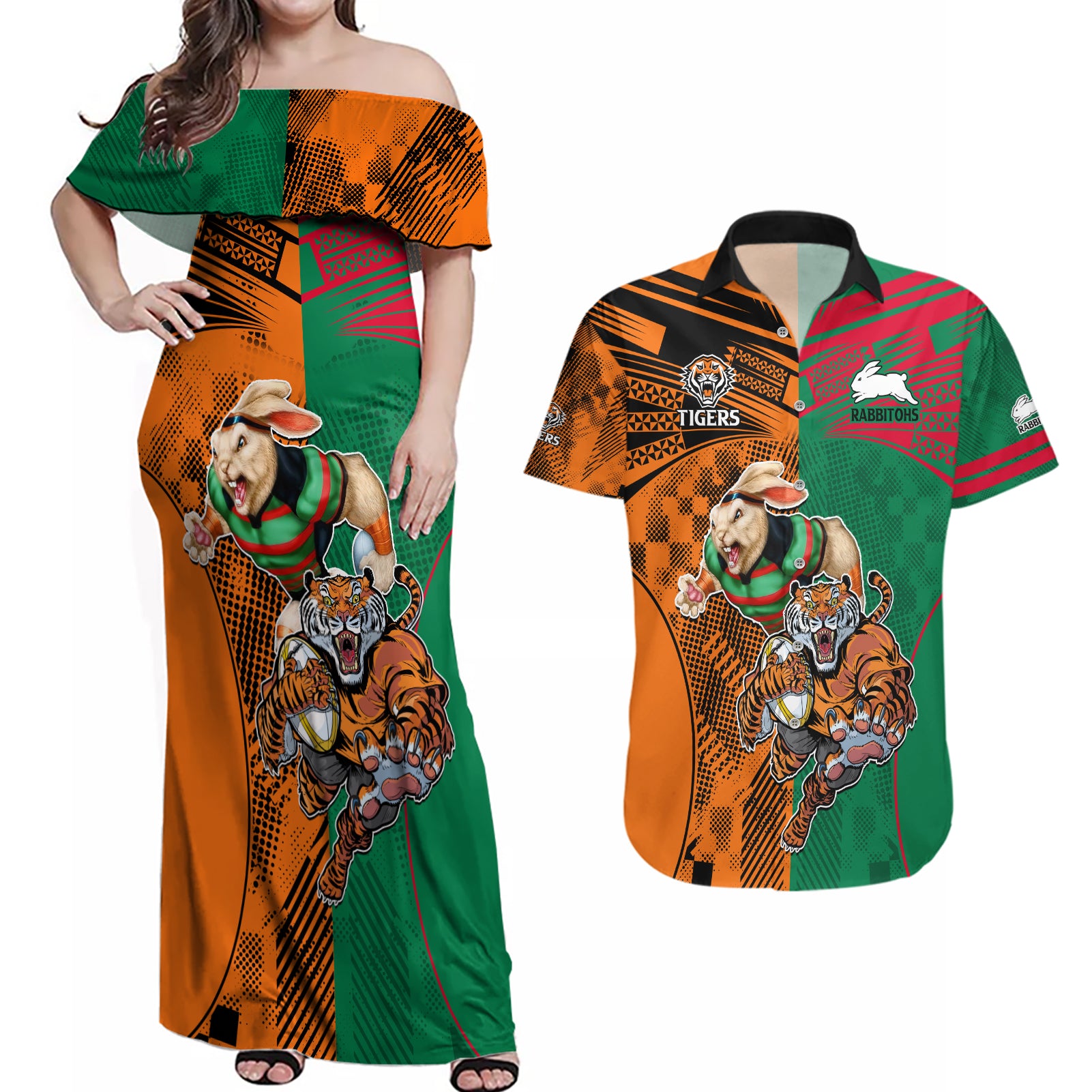 Wests Tigers and Rabbitohs Rugby Couples Matching Off Shoulder Maxi Dress and Hawaiian Shirt Sporty Style LT9