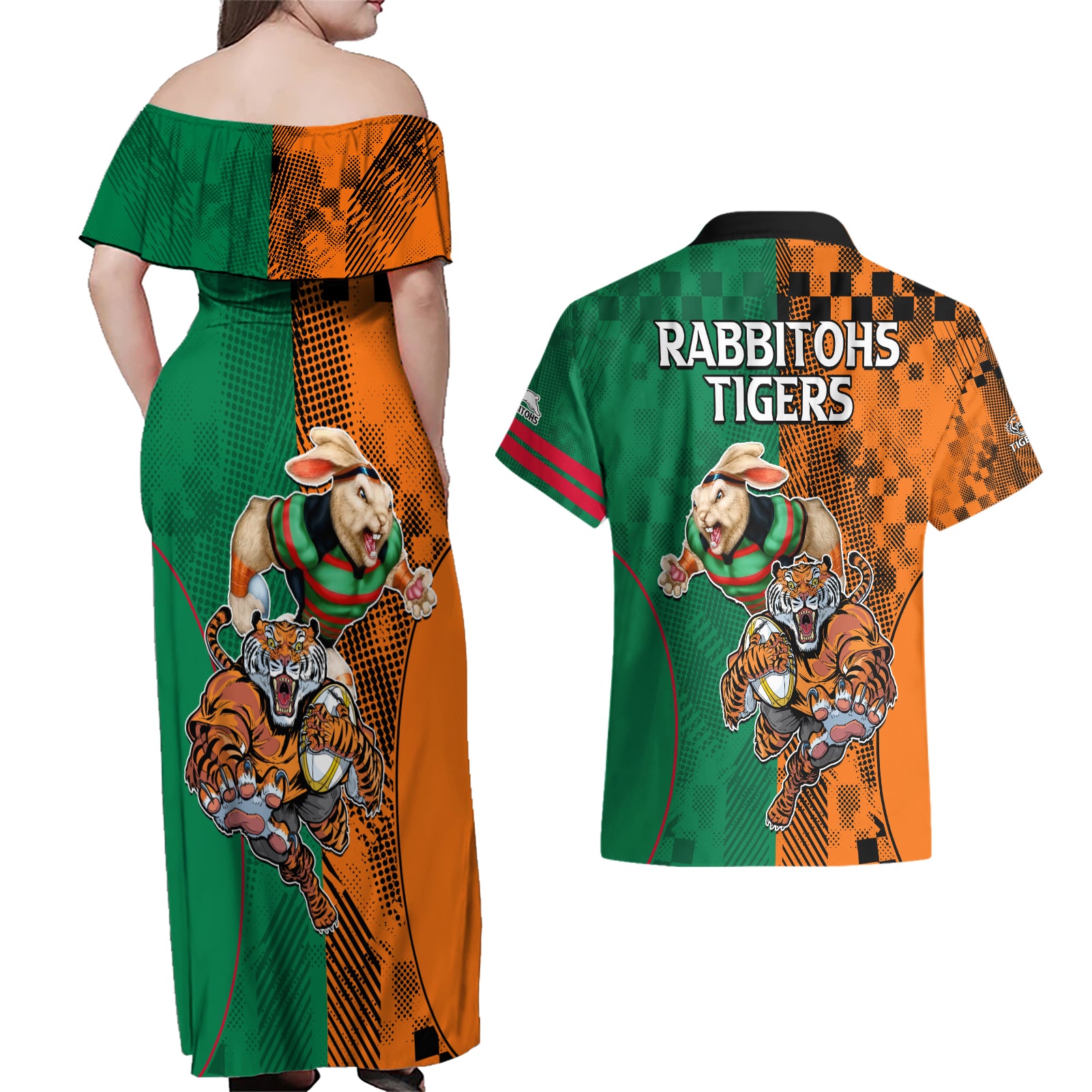 Wests Tigers and Rabbitohs Rugby Couples Matching Off Shoulder Maxi Dress and Hawaiian Shirt Sporty Style LT9