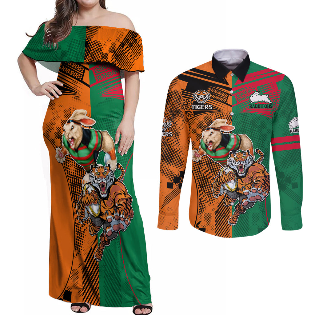 Wests Tigers and Rabbitohs Rugby Couples Matching Off Shoulder Maxi Dress and Long Sleeve Button Shirts Sporty Style LT9