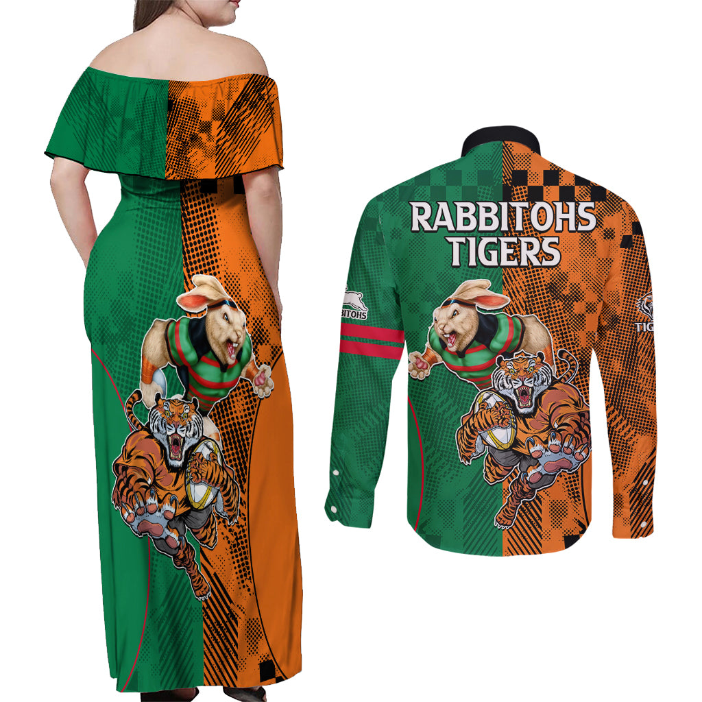 Wests Tigers and Rabbitohs Rugby Couples Matching Off Shoulder Maxi Dress and Long Sleeve Button Shirts Sporty Style LT9