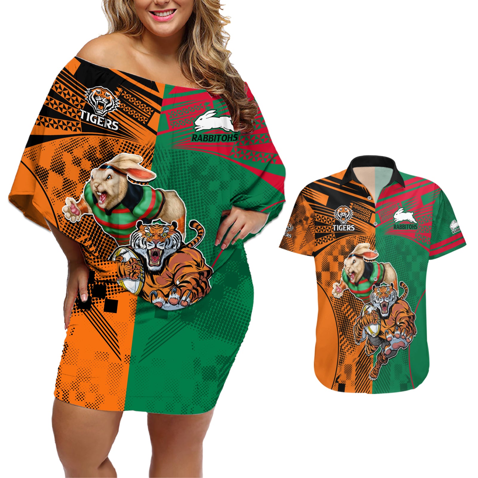 Wests Tigers and Rabbitohs Rugby Couples Matching Off Shoulder Short Dress and Hawaiian Shirt Sporty Style LT9