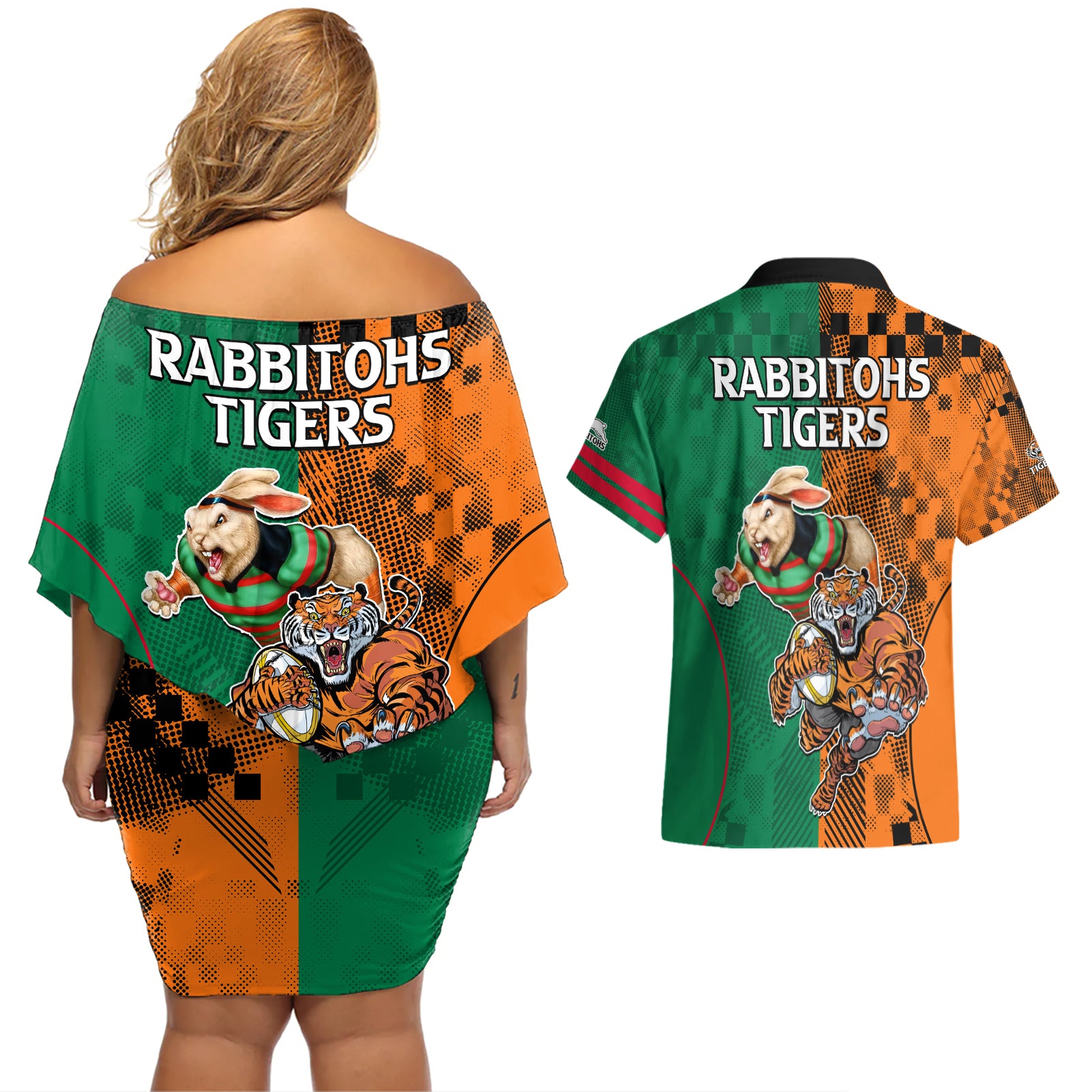 Wests Tigers and Rabbitohs Rugby Couples Matching Off Shoulder Short Dress and Hawaiian Shirt Sporty Style LT9