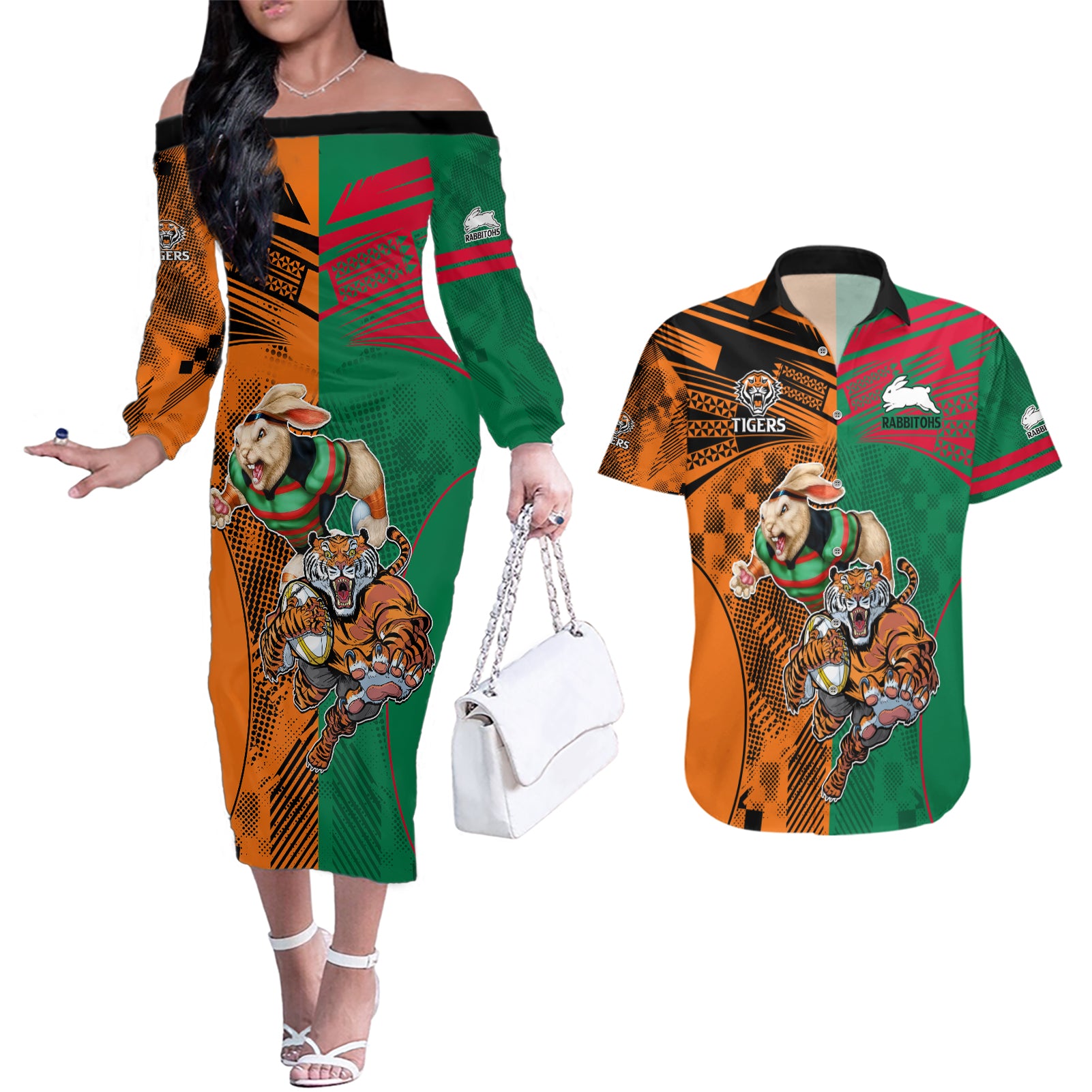 Wests Tigers and Rabbitohs Rugby Couples Matching Off The Shoulder Long Sleeve Dress and Hawaiian Shirt Sporty Style LT9