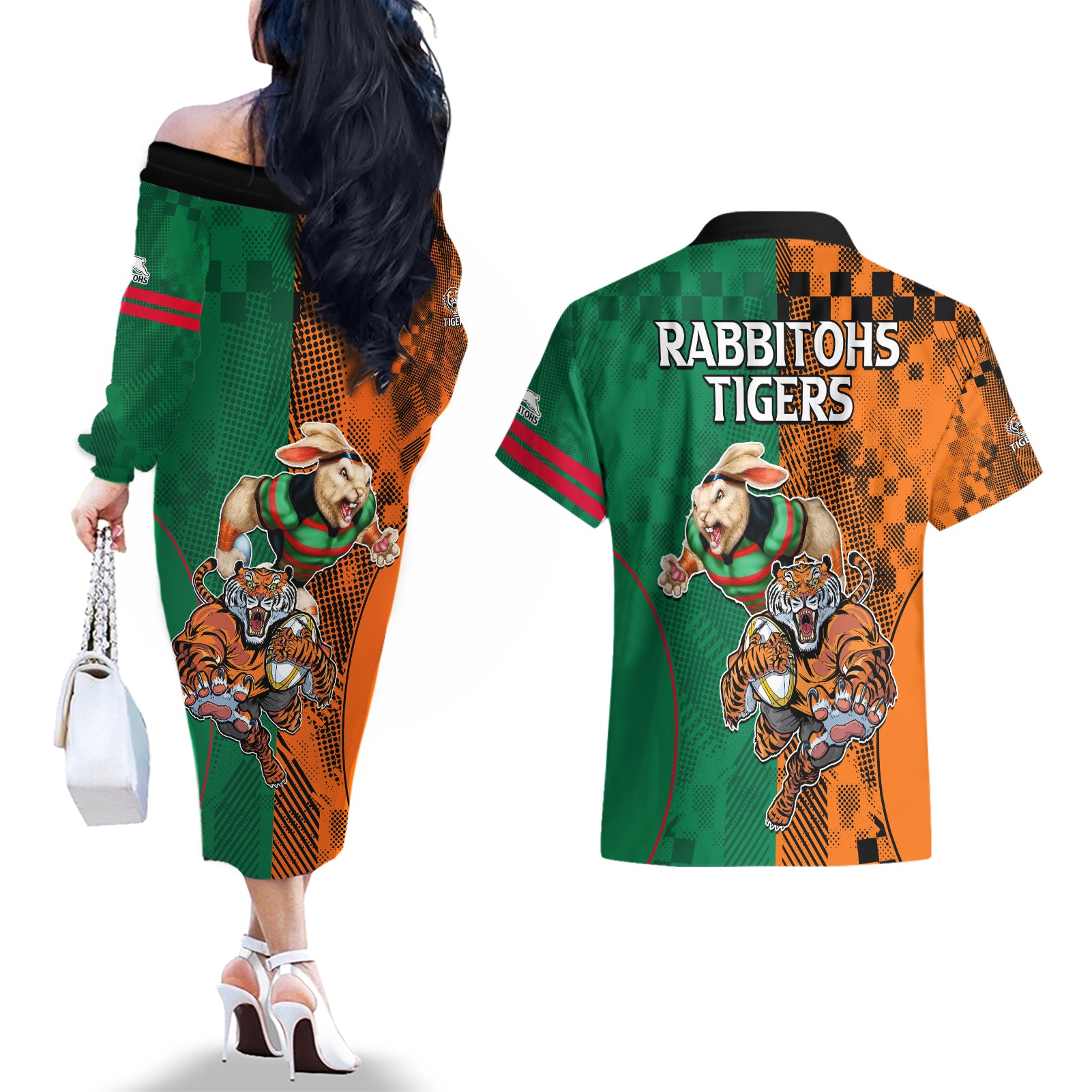 Wests Tigers and Rabbitohs Rugby Couples Matching Off The Shoulder Long Sleeve Dress and Hawaiian Shirt Sporty Style LT9