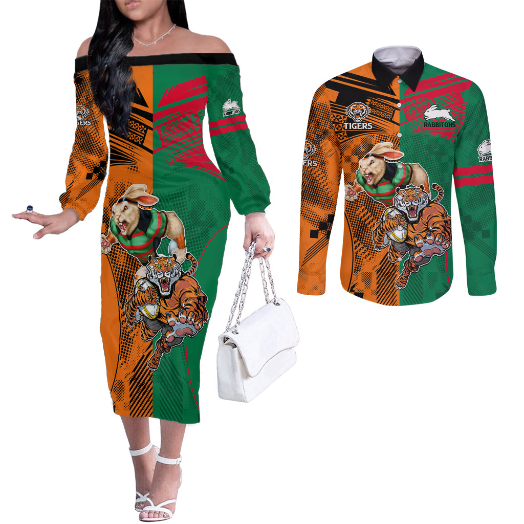 Wests Tigers and Rabbitohs Rugby Couples Matching Off The Shoulder Long Sleeve Dress and Long Sleeve Button Shirts Sporty Style LT9