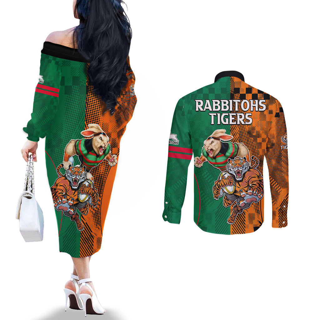 Wests Tigers and Rabbitohs Rugby Couples Matching Off The Shoulder Long Sleeve Dress and Long Sleeve Button Shirts Sporty Style LT9