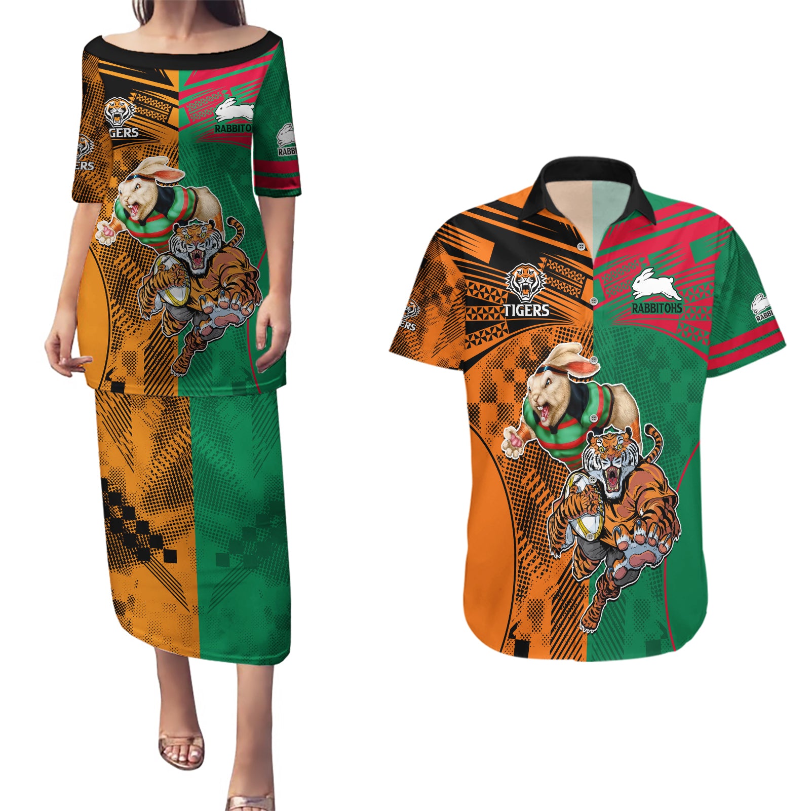 Wests Tigers and Rabbitohs Rugby Couples Matching Puletasi Dress and Hawaiian Shirt Sporty Style LT9