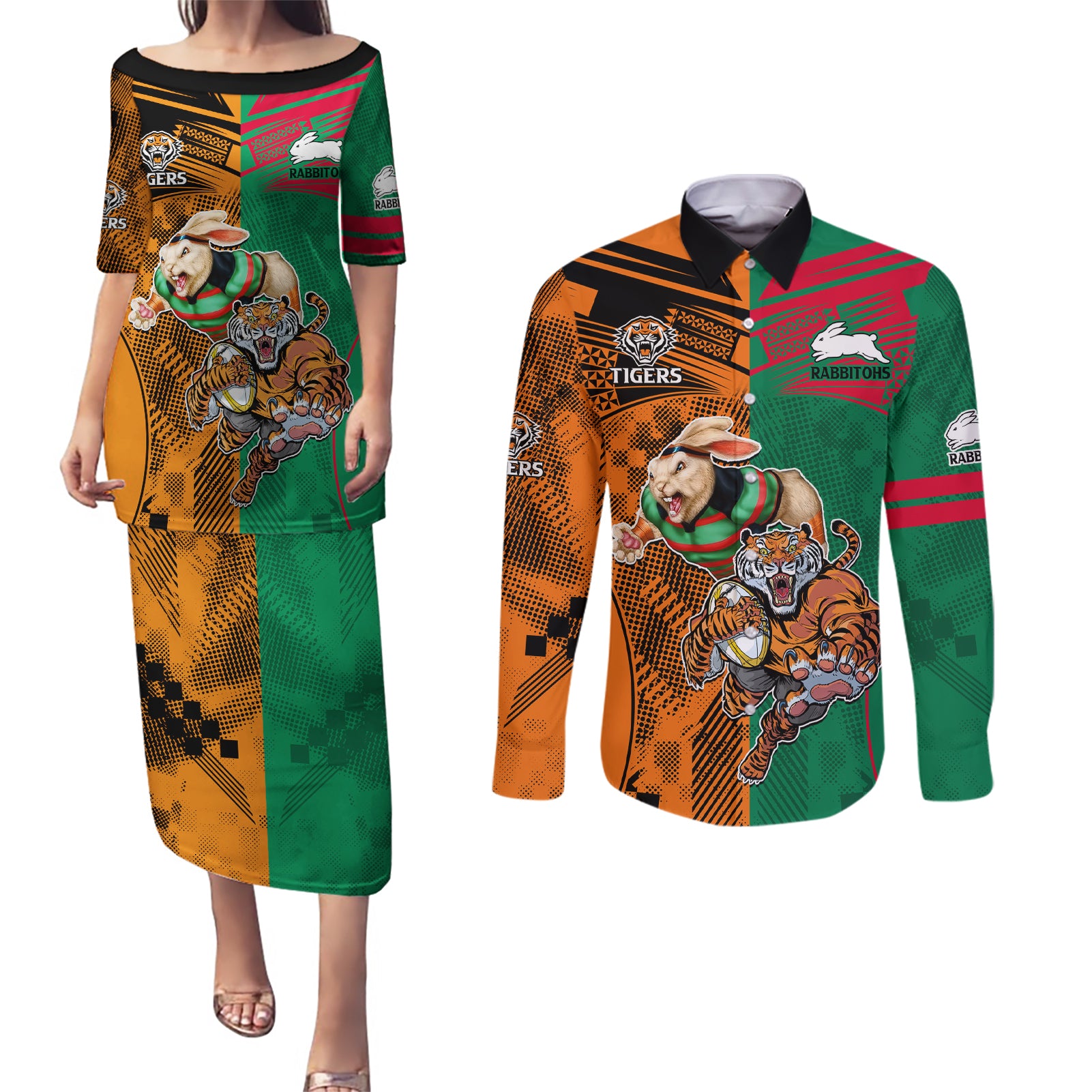 Wests Tigers and Rabbitohs Rugby Couples Matching Puletasi Dress and Long Sleeve Button Shirts Sporty Style LT9