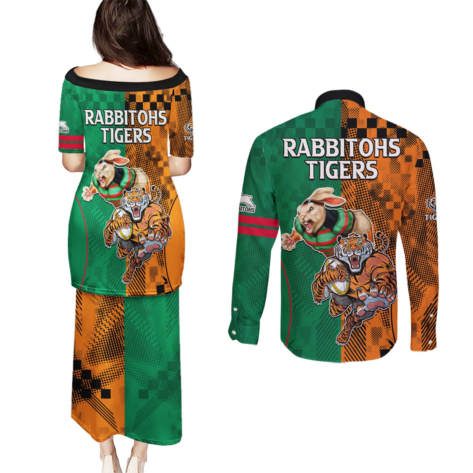 Wests Tigers and Rabbitohs Rugby Couples Matching Puletasi Dress and Long Sleeve Button Shirts Sporty Style LT9