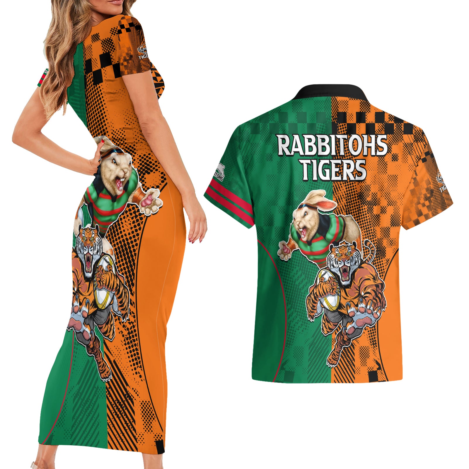 Wests Tigers and Rabbitohs Rugby Couples Matching Short Sleeve Bodycon Dress and Hawaiian Shirt Sporty Style LT9