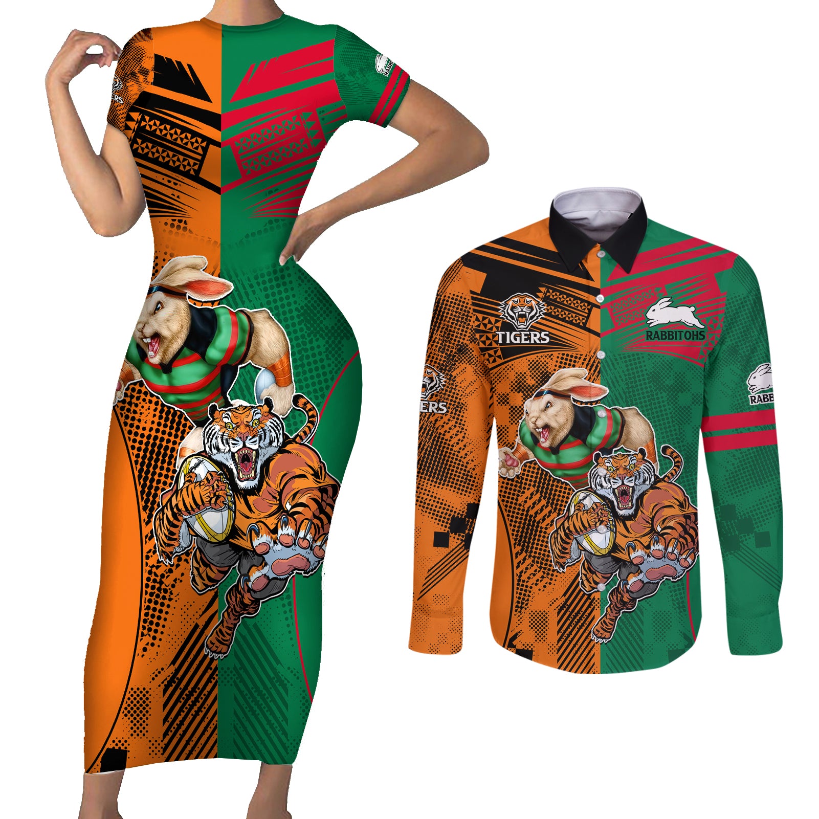 Wests Tigers and Rabbitohs Rugby Couples Matching Short Sleeve Bodycon Dress and Long Sleeve Button Shirts Sporty Style LT9