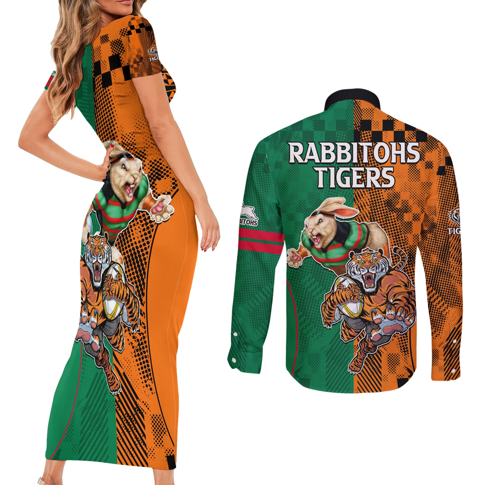 Wests Tigers and Rabbitohs Rugby Couples Matching Short Sleeve Bodycon Dress and Long Sleeve Button Shirts Sporty Style LT9