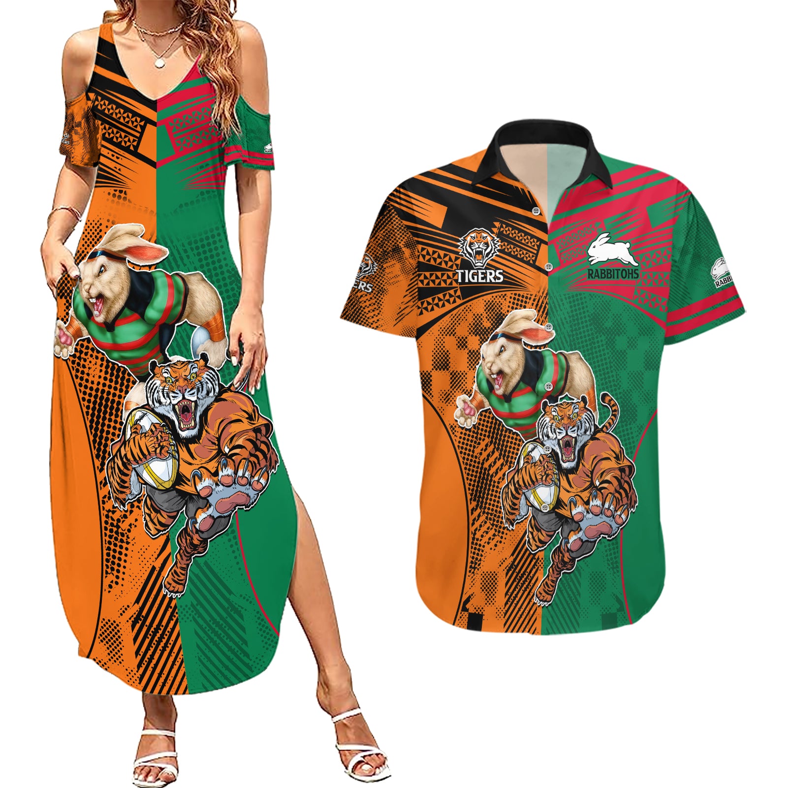 Wests Tigers and Rabbitohs Rugby Couples Matching Summer Maxi Dress and Hawaiian Shirt Sporty Style LT9