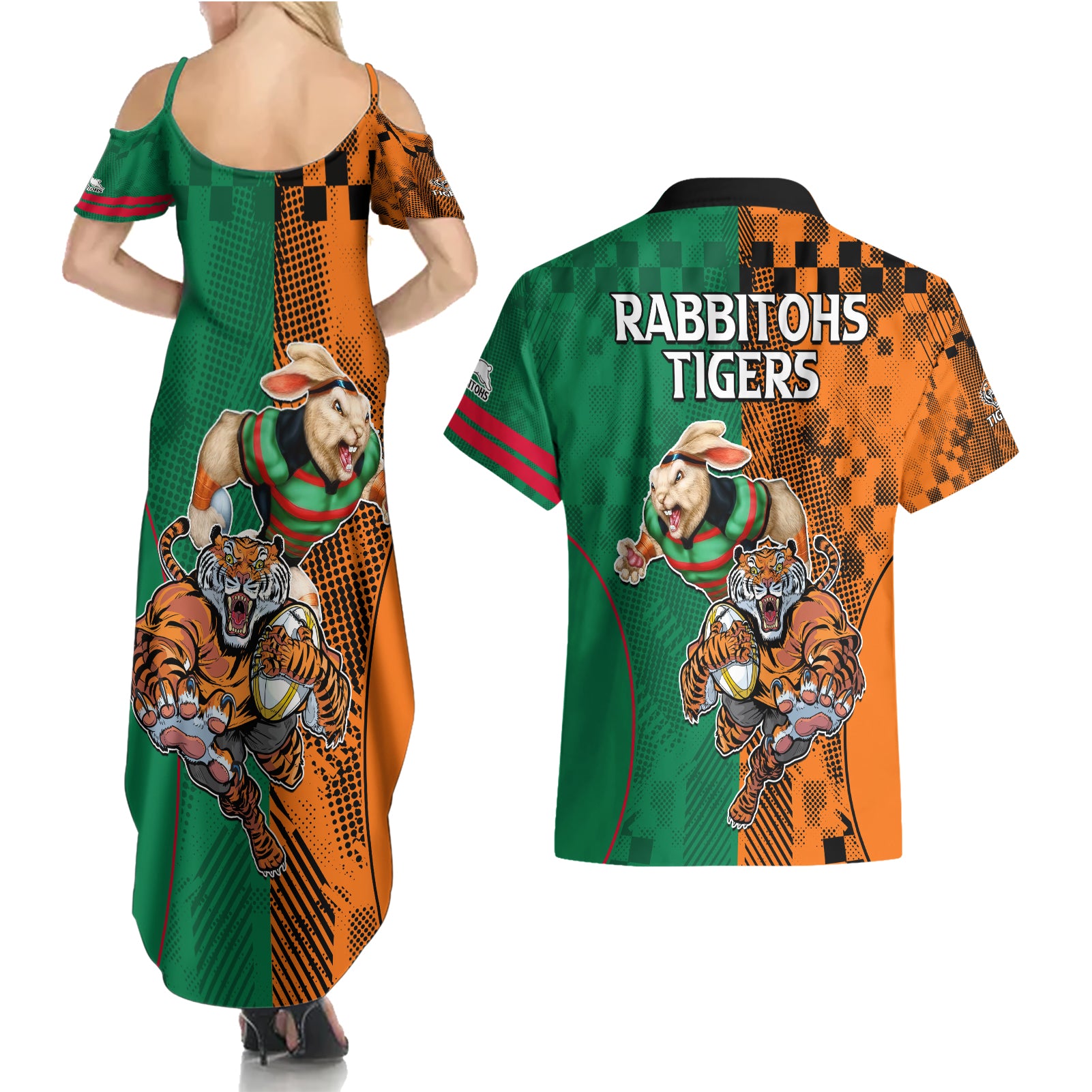 Wests Tigers and Rabbitohs Rugby Couples Matching Summer Maxi Dress and Hawaiian Shirt Sporty Style LT9