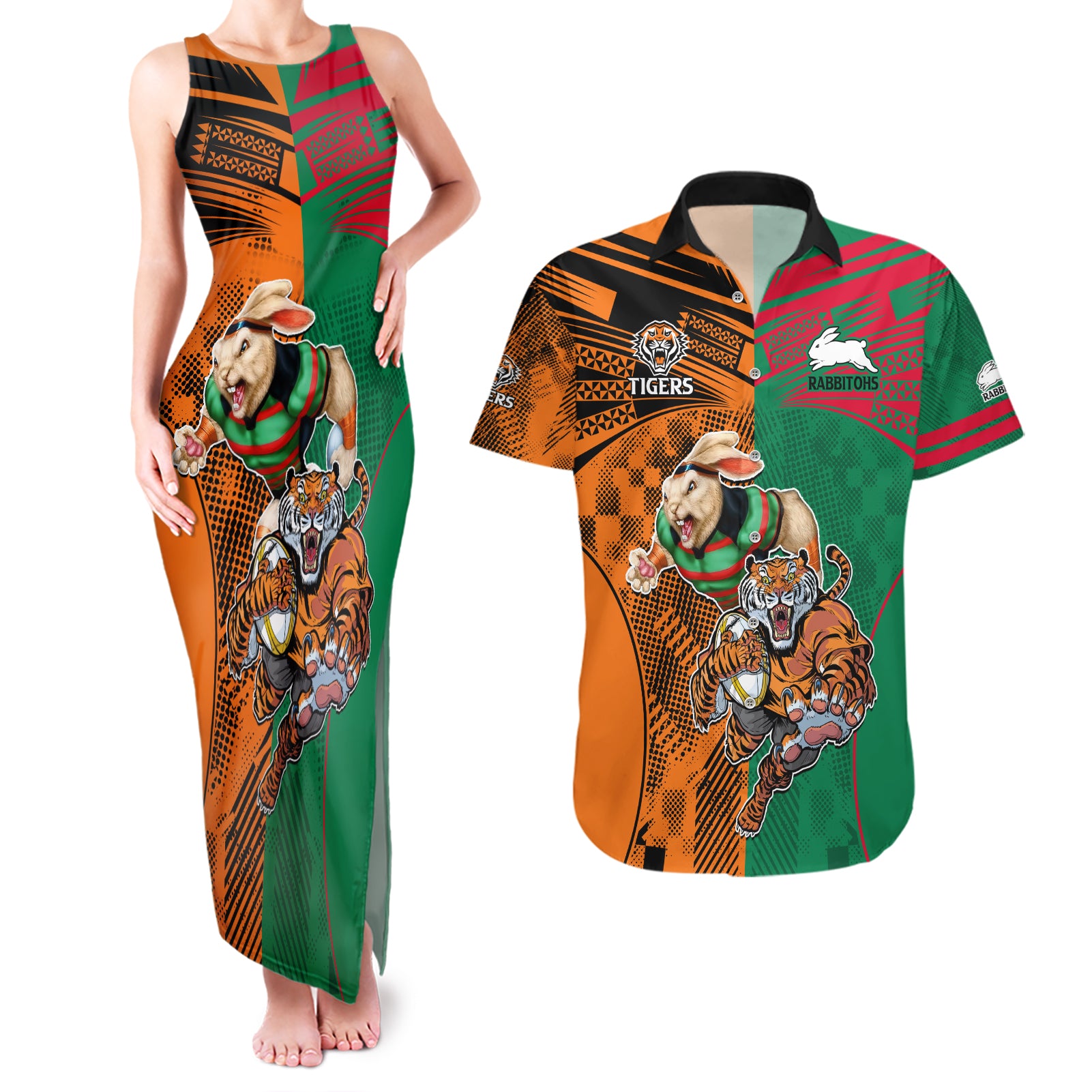 Wests Tigers and Rabbitohs Rugby Couples Matching Tank Maxi Dress And Hawaiian Shirt Sporty Style LT9