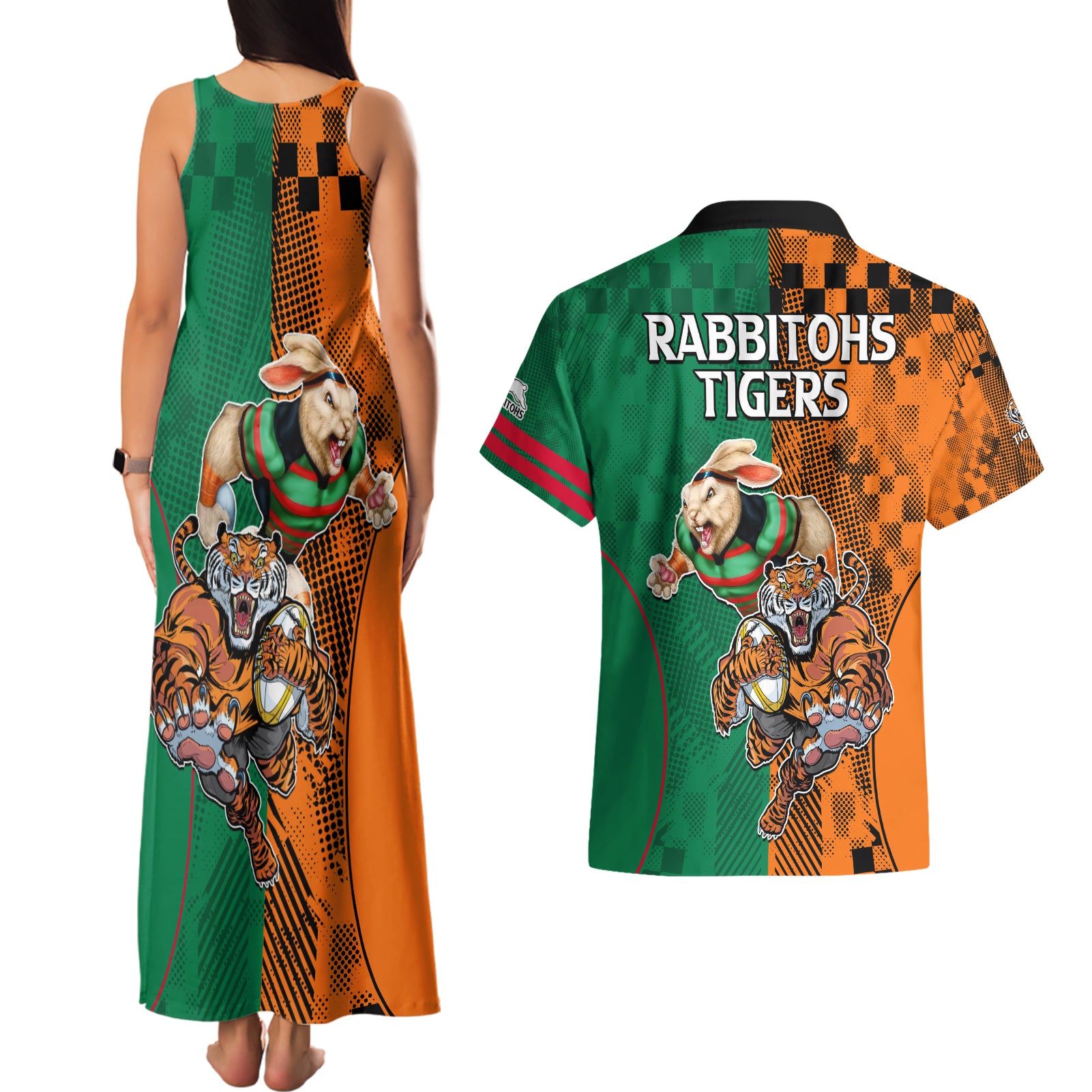 Wests Tigers and Rabbitohs Rugby Couples Matching Tank Maxi Dress And Hawaiian Shirt Sporty Style LT9