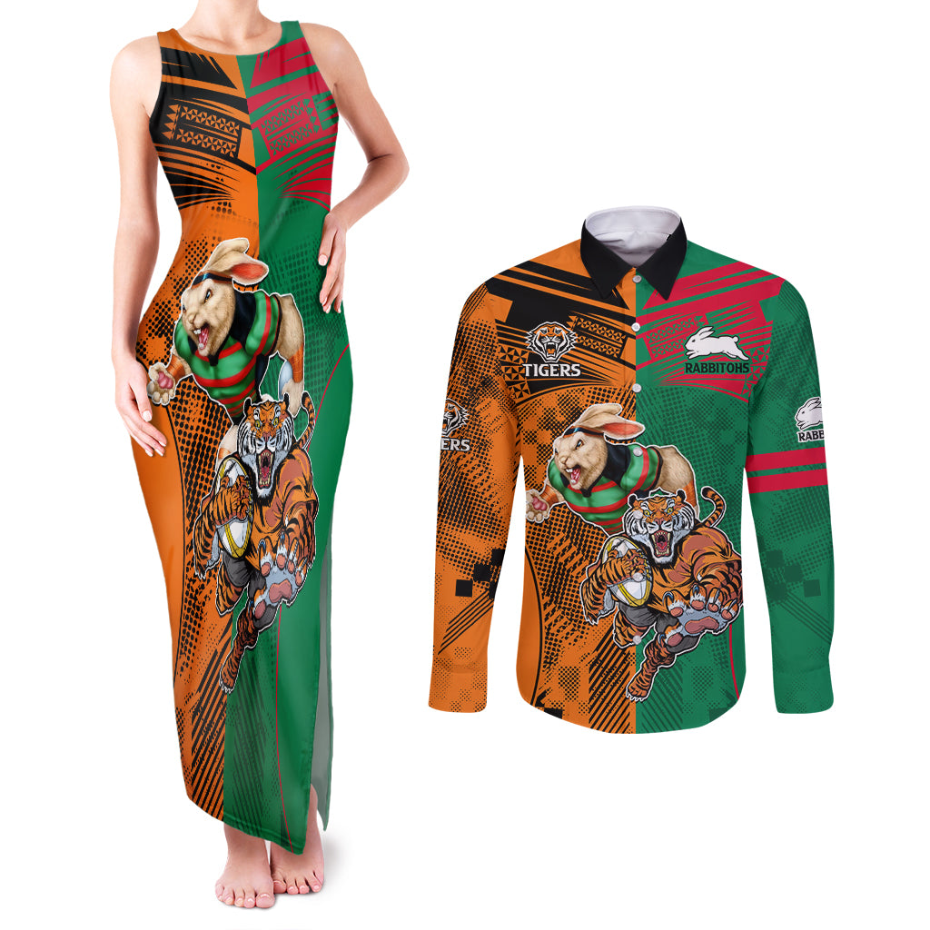 Wests Tigers and Rabbitohs Rugby Couples Matching Tank Maxi Dress and Long Sleeve Button Shirts Sporty Style LT9