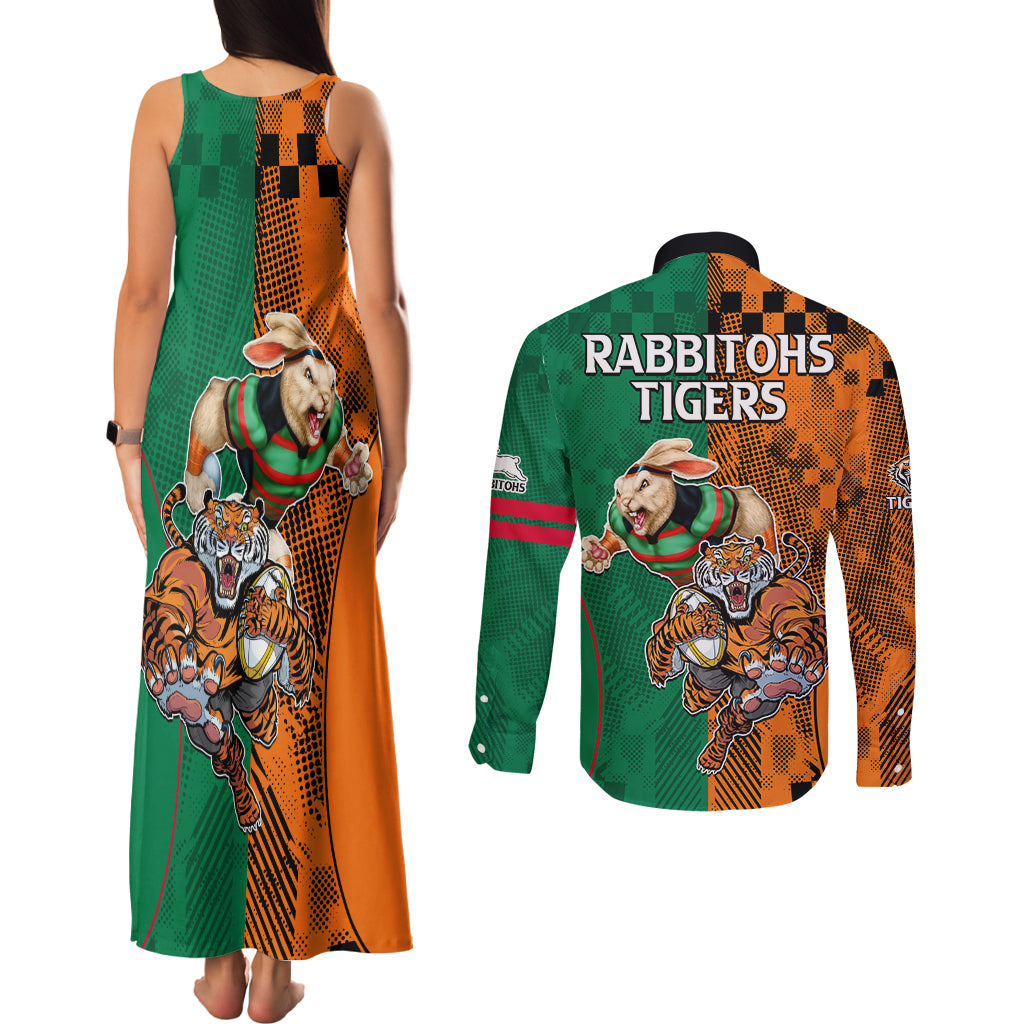 Wests Tigers and Rabbitohs Rugby Couples Matching Tank Maxi Dress and Long Sleeve Button Shirts Sporty Style LT9