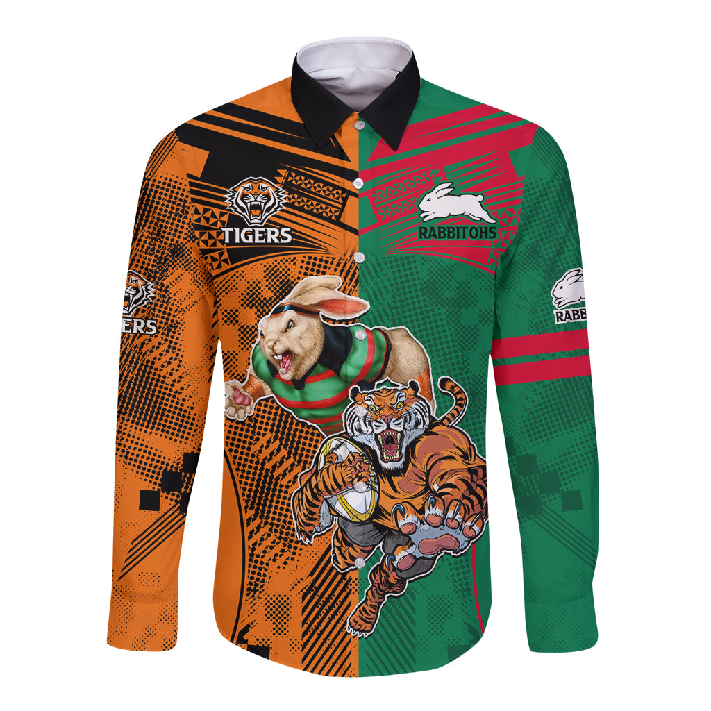 Wests Tigers and Rabbitohs Rugby Long Sleeve Button Shirt Sporty Style LT9