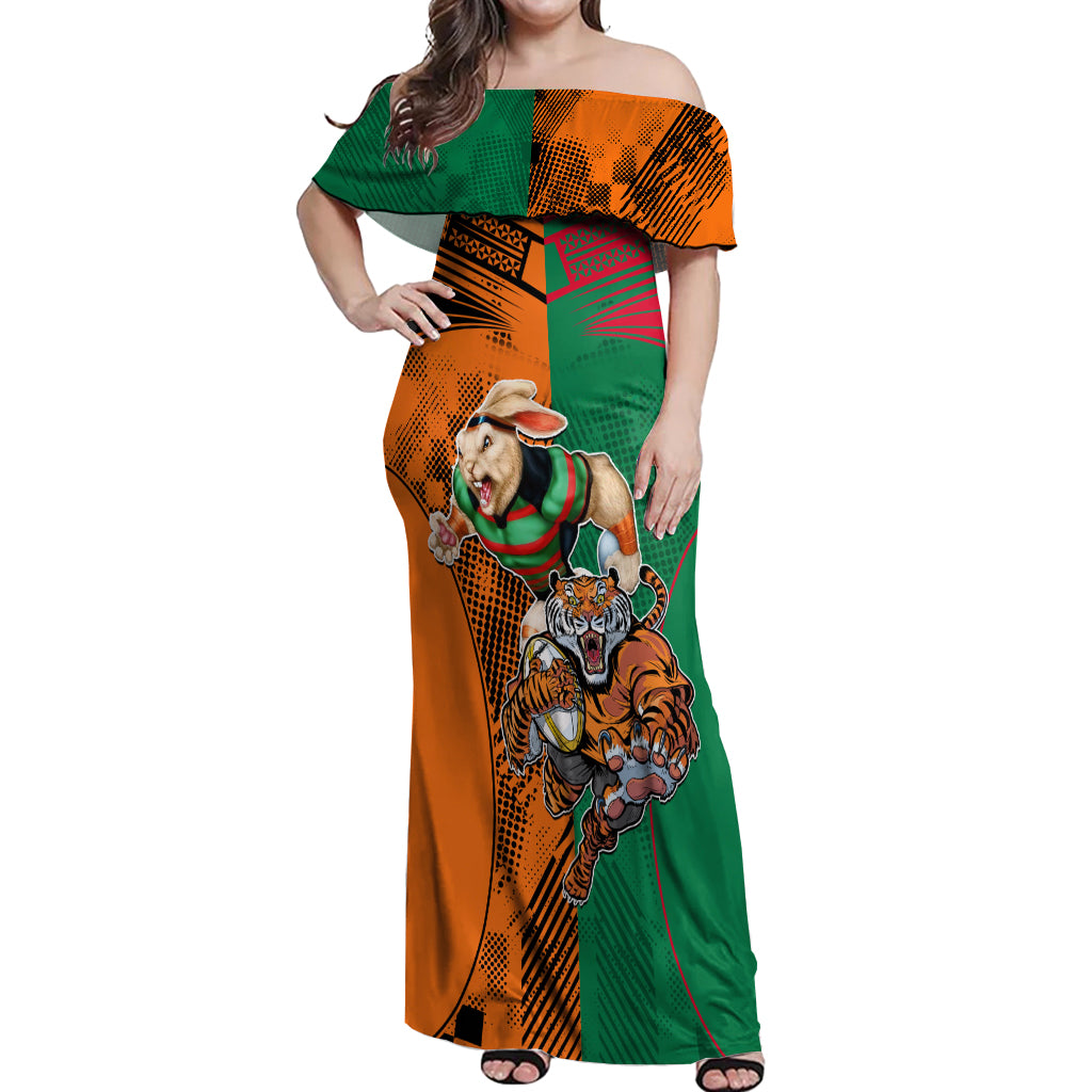 Wests Tigers and Rabbitohs Rugby Off Shoulder Maxi Dress Sporty Style LT9