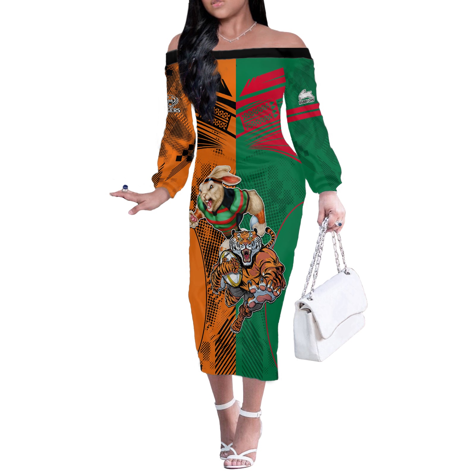 Wests Tigers and Rabbitohs Rugby Off The Shoulder Long Sleeve Dress Sporty Style LT9