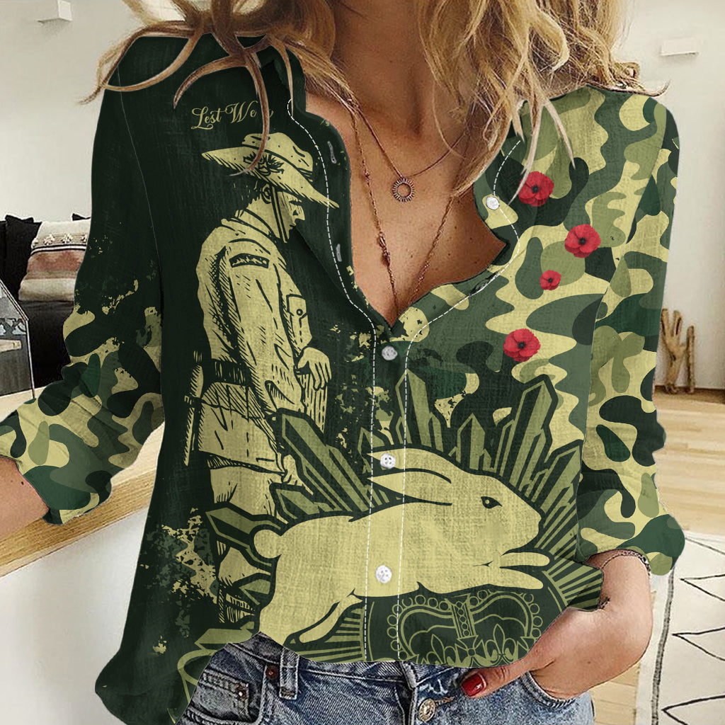 (Custom Text And Number) NRL ANZAC 2023 Rabbitohs Women Casual Shirt Camouflage LT9