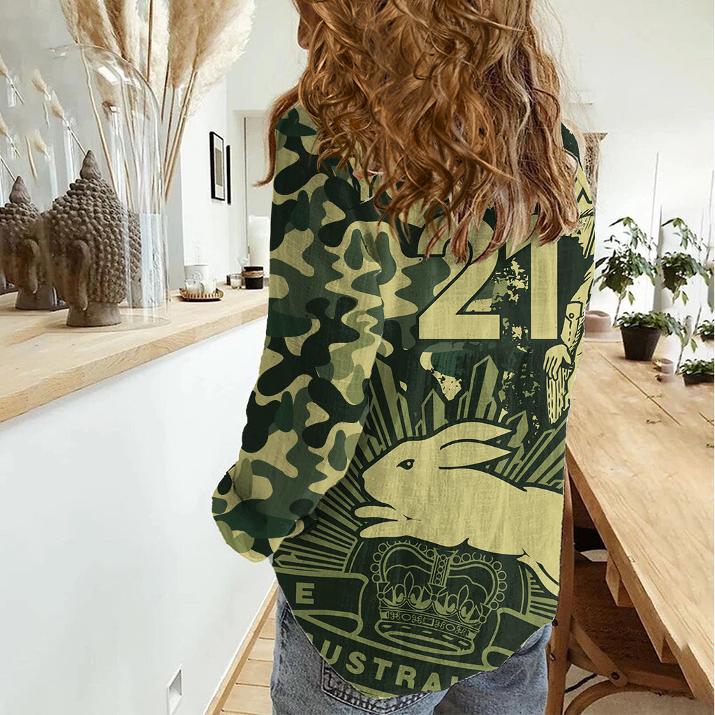 (Custom Text And Number) NRL ANZAC 2023 Rabbitohs Women Casual Shirt Camouflage LT9