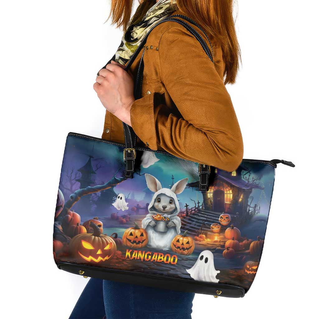 Happy Kangaboo Leather Tote Bag Kangaroo and Halloween Haunted House