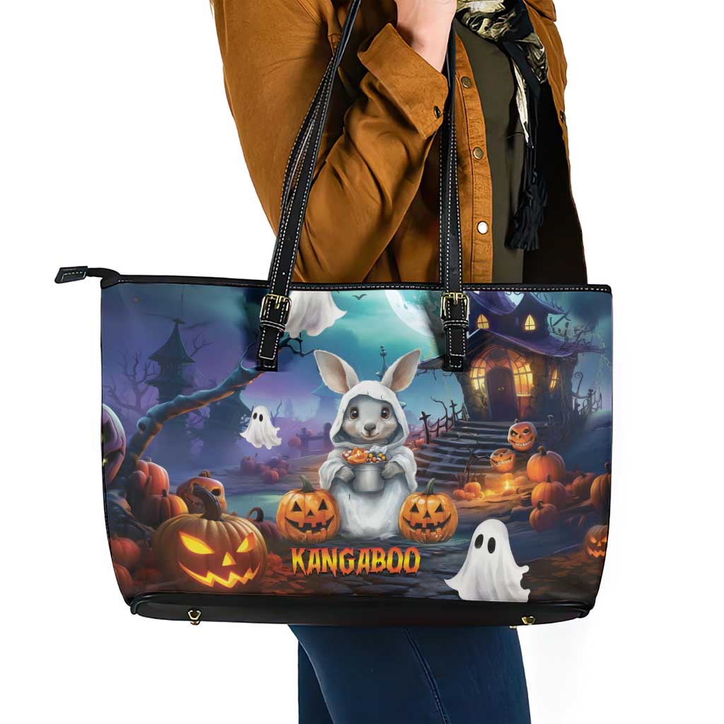 Happy Kangaboo Leather Tote Bag Kangaroo and Halloween Haunted House