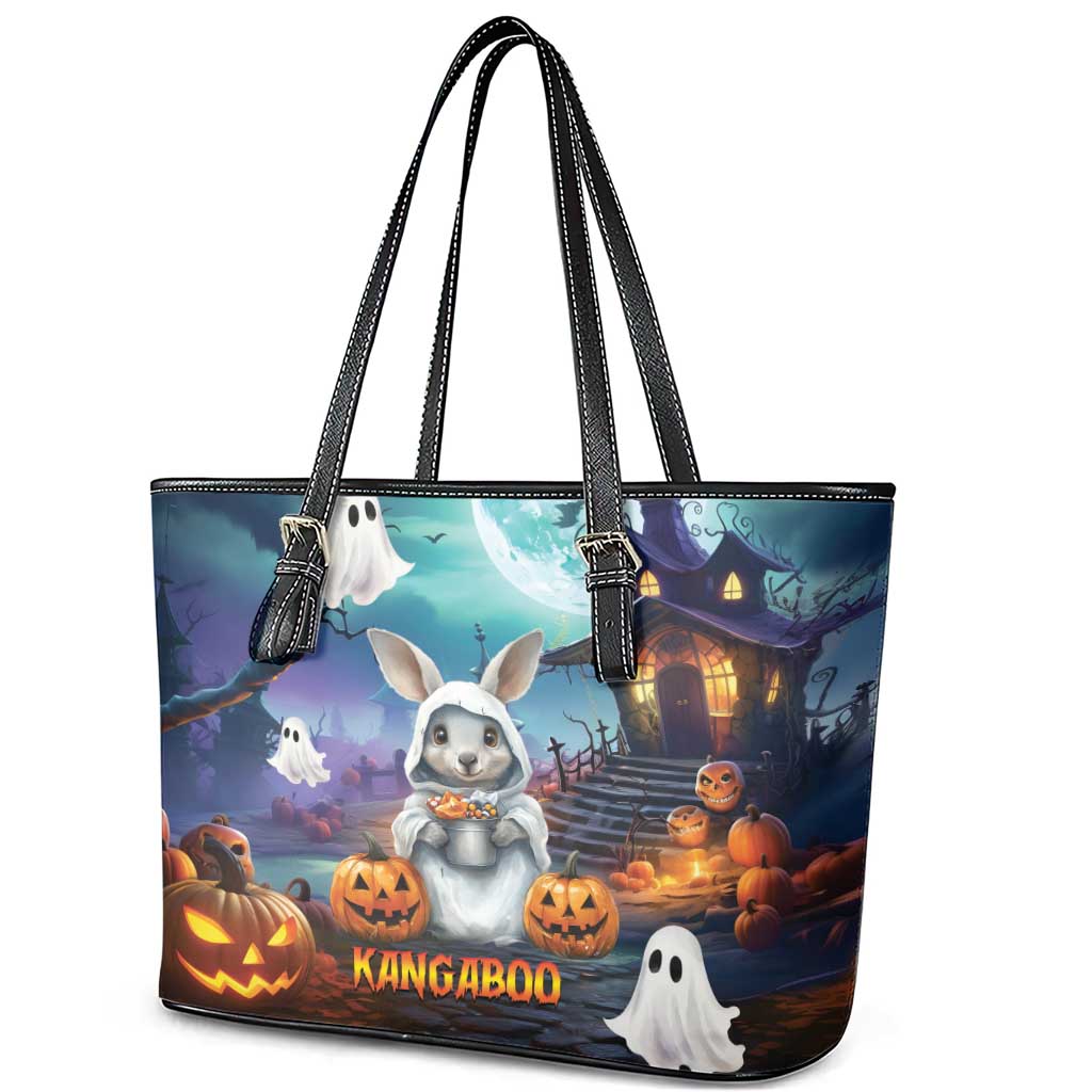 Happy Kangaboo Leather Tote Bag Kangaroo and Halloween Haunted House