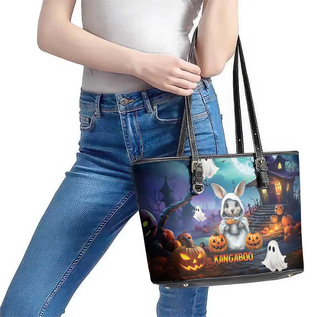 Happy Kangaboo Leather Tote Bag Kangaroo and Halloween Haunted House