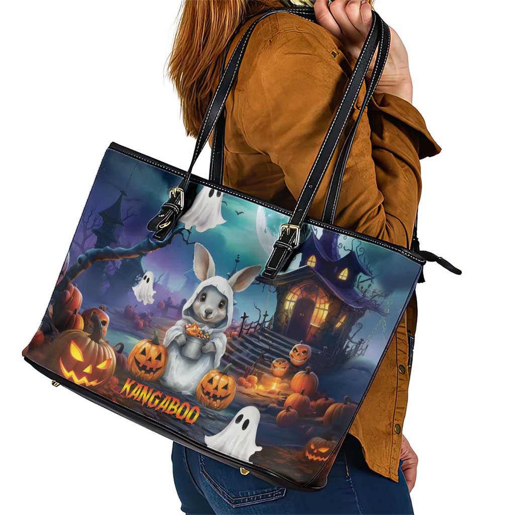 Happy Kangaboo Leather Tote Bag Kangaroo and Halloween Haunted House