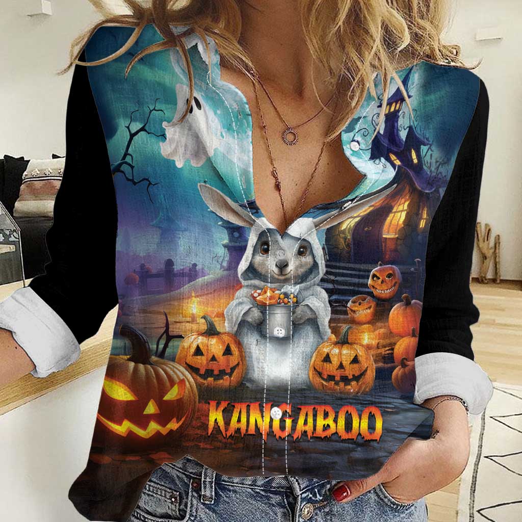 Happy Kangaboo Women Casual Shirt Kangaroo and Halloween Haunted House