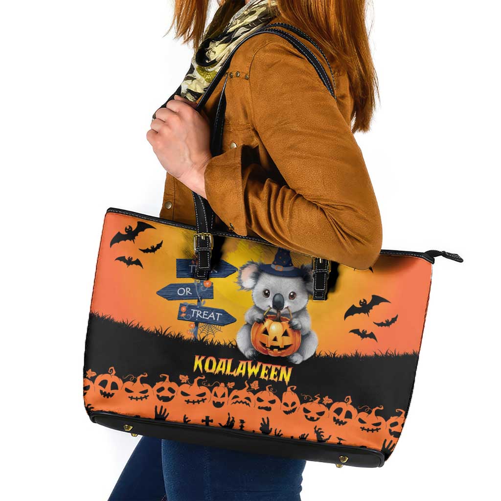 Happy Koalaween Leather Tote Bag Koala Ghost Trick or Treat