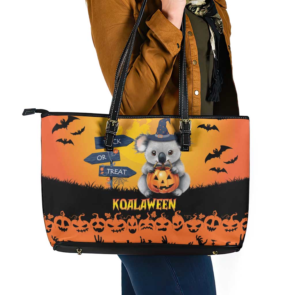 Happy Koalaween Leather Tote Bag Koala Ghost Trick or Treat