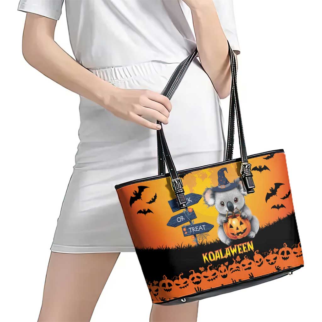 Happy Koalaween Leather Tote Bag Koala Ghost Trick or Treat